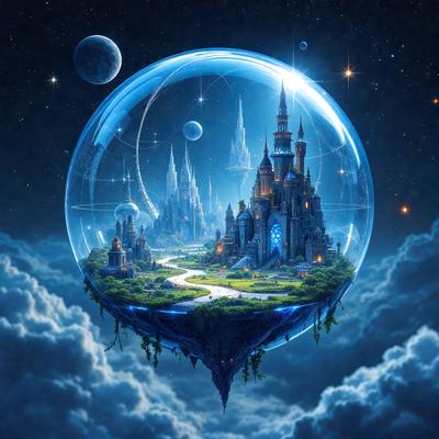 Primary subject: A blue, round, glass globe with a castle inside.

Setting/background: The globe is floating in a blue sky, with a castle and other buildings visible inside the globe.

Visual style: The image is a digital art or illustration.

Colors and mood: The image has a blue color scheme, giving it a calm and serene atmosphere.